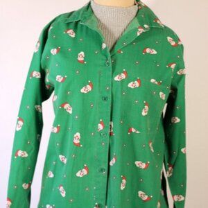 Vintage '90s Womens Christmas Button-Up Shirt Green Santa Print Slim Fit Size 8